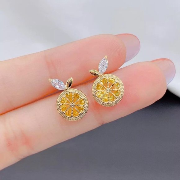Jeweled Orange Diamond Fruit Gold Stud Minimalist Dainty Luxury Unique Earrings - Picture 4 of 6